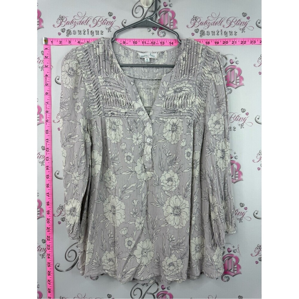 Grace & Lace top grey Lavender and Cream Floral Pintuck V-Neck Blouse